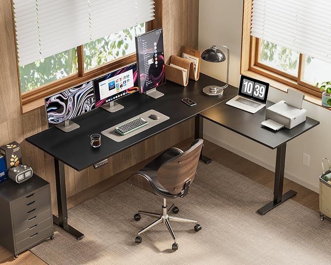 OffiGo 63 Inch Reversible L Shaped Electric Standing Desk, Height Adjustable Corner Stand up Desk, Ergonomic Large Lift Computer Table for Home, Office, Workstation, Black