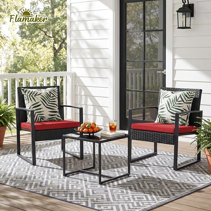 Flamaker 3 Pieces Wicker Patio Furniture Outdoor Modern Rattan Chair Conversation Sets with Coffee Table for Yard and Bistro (Red)