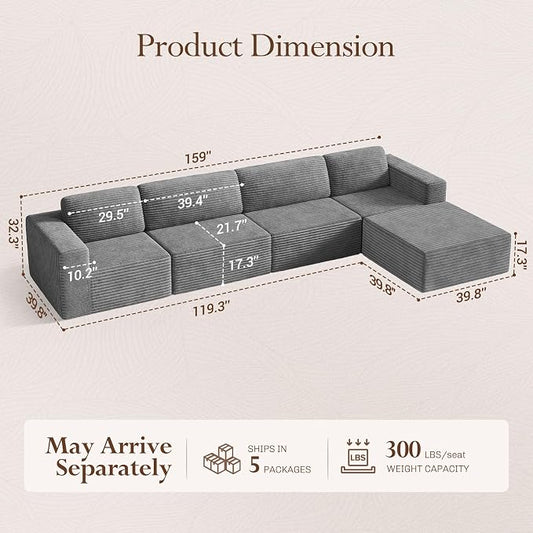 Vesgantti 159" Large Modular Sectional Sofa, L-Shaped Corduroy Cloud Couch with Deep Seats & Spring Support, 4-Seater Boneless Sofa with Movable Ottoman, No Assembly Needed, Grey