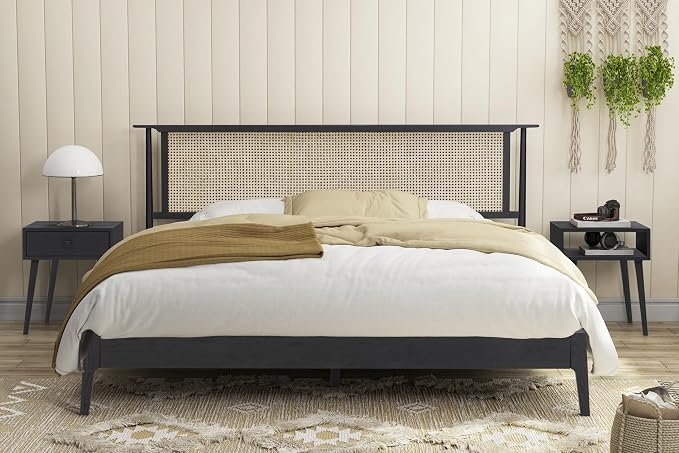 NTC Ruby Wooden Bed Frame with Headboard and Natural Rattan, Solid Oak Foundation with Silent Slats, 1000 Lb Capacity, Effortless Assembly, Queen - Burnt Black