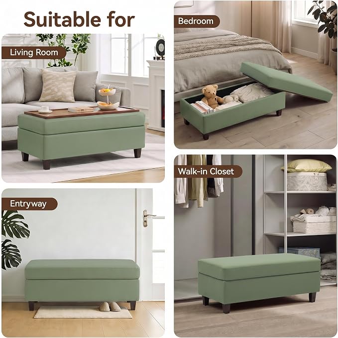 45" Faux Leather Storage Ottoman Bench with Wooden Tray, Sage Green Large Upholstered Foot Stool, Multifunctional Coffee Table Storage Bench with Solid Wood Legs for Living Room Bedroom Entryway