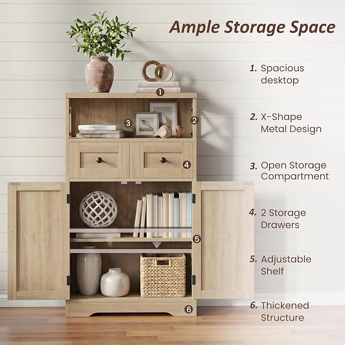 Natural Wood Farmhouse Storage Cabinet Set of 2, Small Kitchen Pantry Cabinet with Drawers and Adjustable Shelves, Sideboard Buffet Coffee Bar Cabinet for Living Room/Dining Room/Bathroom/Home Office