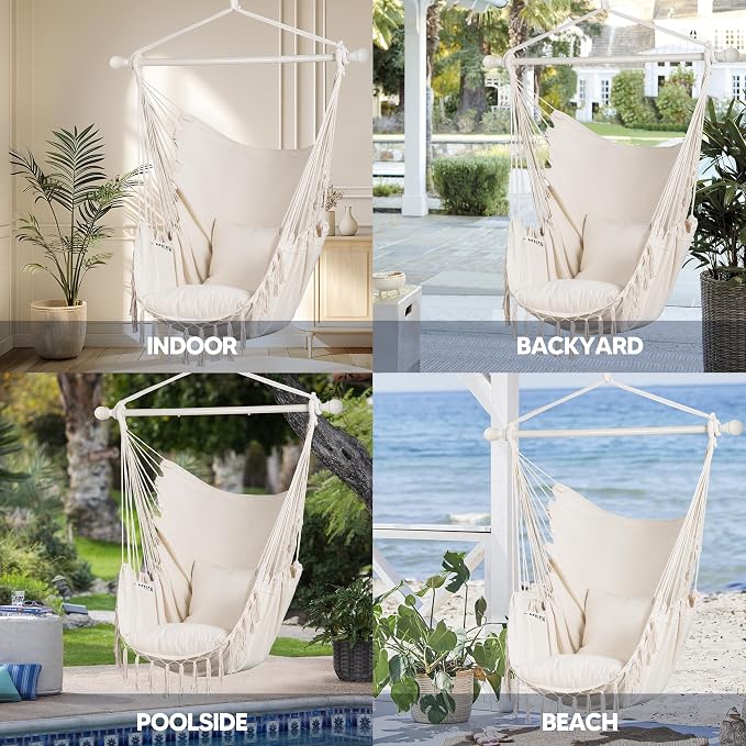 SUNCREAT Hammock Chair Hanging Rope Swing Seat-Max 450lbs Capacity, Extra Large Macrame Hanging Swing with Side Pocket, Two Seat Cushion, Beige