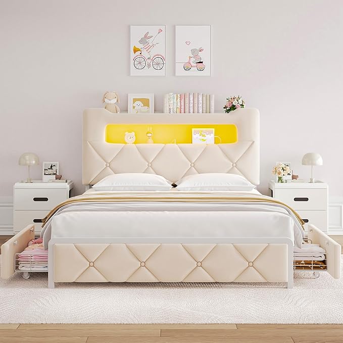 Queen Upholstered LED Bed Frame with 2 Storage Drawers and 2-Tier Storage Headboard,Velvet Princess Platform Bed with Charging Station & Bookcase, Corner Bed Frame, Heavy Duty Metal Support, Beige
