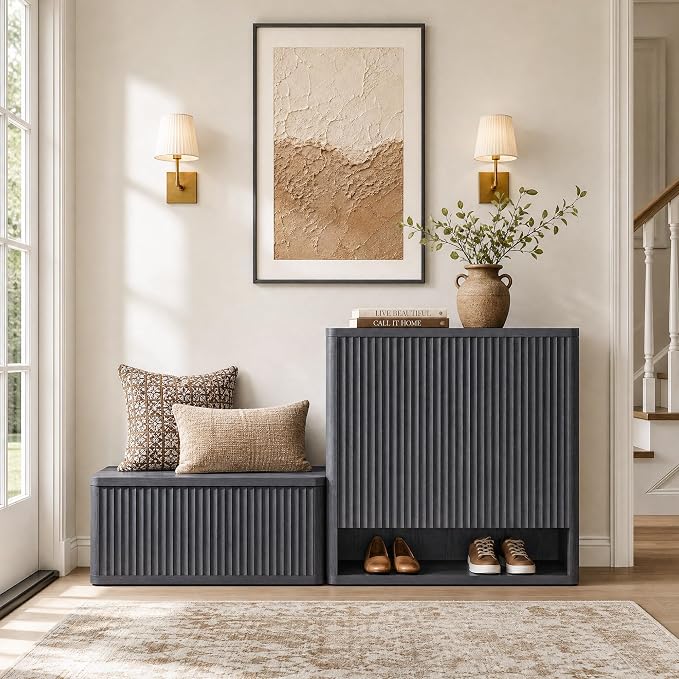 SICOTAS Storage Bench 40.2" Wide Shoe Bench with Lift Top Large Wooden Storage Chest Trunk Modern Blanket Chest with 2 Safety Hinges & Seating for Bedroom Entryway Living Room Hallway
