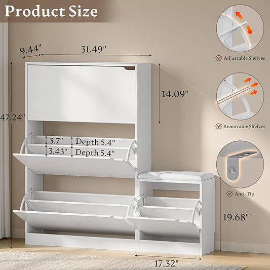 BORNOON Shoe Cabinet with Bench and 3 Flip Drawers, Slim Narrow Shoe Storage Cabinet, Freestanding Shoe Rack Organizer with Adjustable & Removable Shelves, Anti-Tip for Entryway, Hallway, Foyer