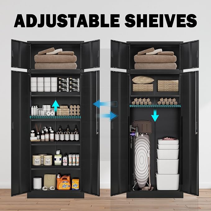 Wanfu Metal Storage Cabinet, 87" H x 32" W x 16" D Locking Storage Cabinets with 4 Adjustable Shelves and Top Cabinet for Office, Garage, Home-Black