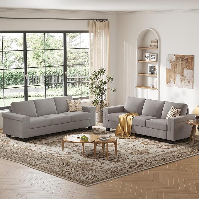 COPIAE 3 Seater Sofa Couch with Deep Seat, 90" Modern Upholstered Sofa with Armrests, Easy Installation, Comfy Couches for Living Room, Apartment, Light Grey