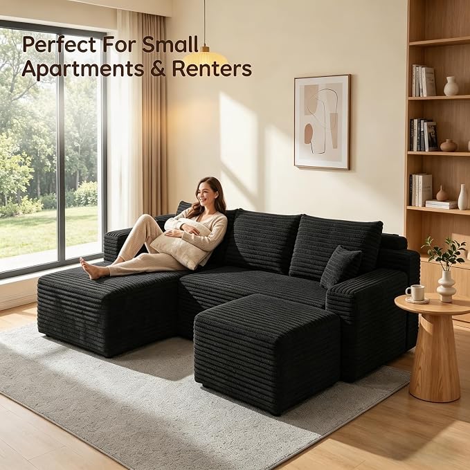JINGLING 94" U Shaped Boneless Sectional Couch Set for Living Room, Plush Corduroy Modular Sofa with Ottoman, Small Space Apartment Couch, No Assembly, Left Facing Chaise, Black