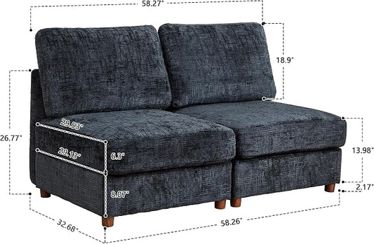 ORRD Modern Chenille Middle Armless Sofa Seat Set of 2 for Modular Sectional Couch for Living Room, Black Blue