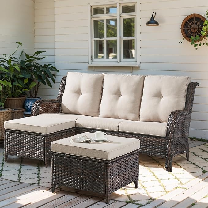 Outdoor Patio Furniture - 3 Seater Outdoor Rattan Wicker Sofa Patio Couch with Ottoman for Porch Deck Garden Backyard - Brown/Beige