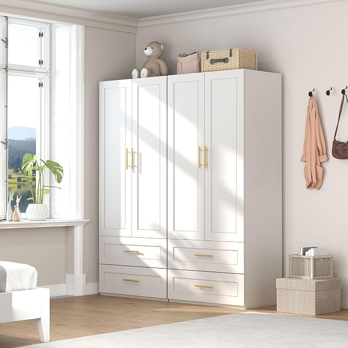White Wardrobe with 4 Doors: 75" Tall Armoire Wardrobe Closet with 4 Drawers, Bedroom Closet Cabinet for Hanging Clothes, Wooden Storage Armoire with Shelves (Contemporary, 2)
