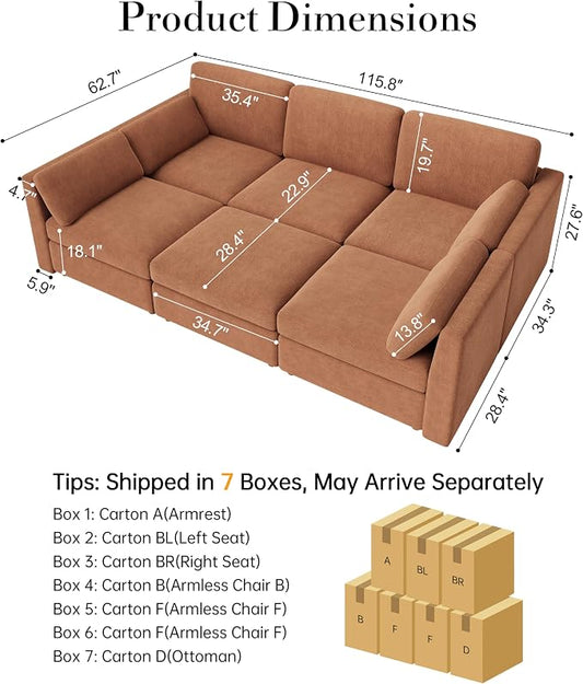 Oversized Modular Sectional Sleeper Sofa Bed Cloud Couches Brown | Deep Seat Couch for Living Room, 6-Seater Luxury Comfortable Sofa with Ottoman, Solid Wood Frame, Removable Washable Cover