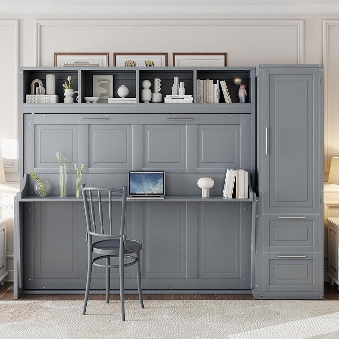 Merax Full Size Murphy Bed, Wall with Closet and Drawers, Storage Space Saving Muti-Functional Beds Frame for Home Office Guest Room, Gray