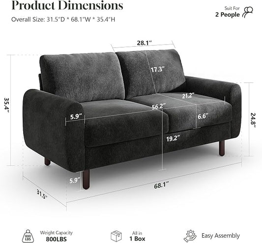 WorthFurni 68" Loveseat Sofa, Comfy Chenille Fabric Couches for Living Room with Spring Cushion and Solid Wood Frame, Modern Deep Seat Couch for Bedroom, Apartment, Office, Easy Assembly, Black