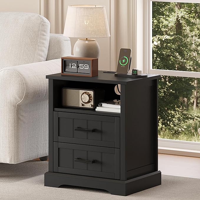 ChooChoo Farmhouse Night Stands with Charging Station, Wood Nightstand Set of 2 with 2 Drawers, Bedside Table with Open Storage Shelf for Bedroom, Black
