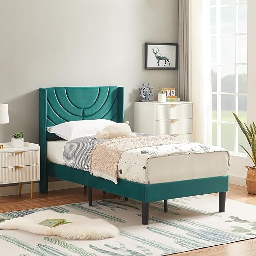VECELO Upholstered Platform Twin Bed Frame with Fabric Headboard for Kids,Wooden Slats Support/No Box Spring Needed/Mattress Foundation,Dark Green