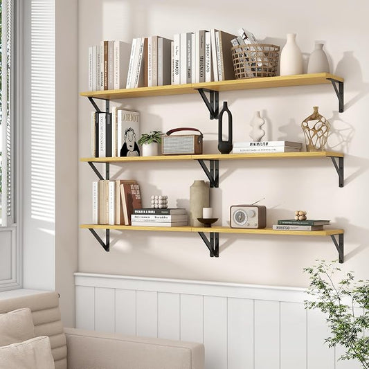 Axeman 24'' x 8'' Floating Shelves Set of 2, Rustic Oak Wall Shelves with Brackets, Engineered Wood, Includes Mounting Hardware, 35Lbs, Ideal for Books, Plants, Kitchen Utensils and Decorations