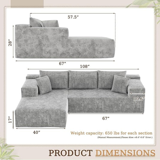 YESHOMY Boneless Couches for Living Room, 108" Sectional Modular Sectional Sofa with Deep Seat, Cloud Comfy Couch with L-Shape Chaise, Easy Assembly (Chenille, Pearl Gray)