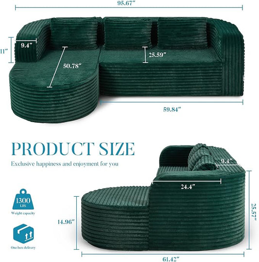 Hobestluk Modular Sectional Sofa Couches L-Shape Couch 3 Seat Modular Sofa Memory Foam Sectional Couches for Living Room, Cloud Couch (Round Green, 96", Left Hand Facing)