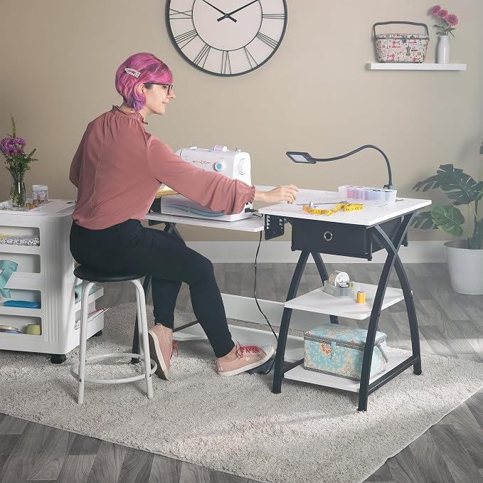 Sew Ready Comet Plus Craft Sewing Table, 56.75 x 23.5" Overall Platform Size with Accurate Fabric Cutting Grid-Top and Storage Drawer, Black/White
