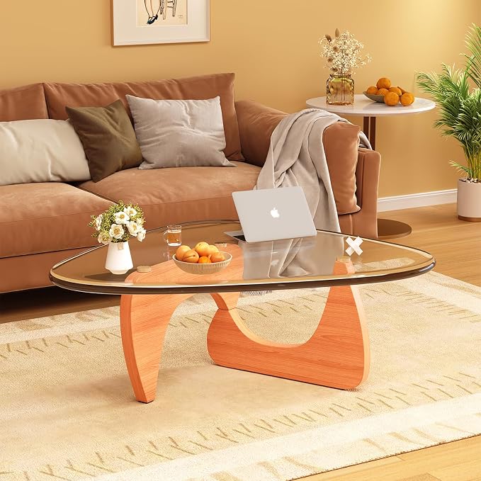 Coffee Table for Living Room Mid Century Modern Center Small Table with Glass Top and Wood, Walnut Transparent(45 Inch)