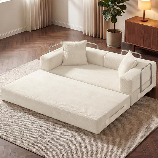 GRUSIGN 78 Inch Convertible Sofa Bed, 5-in-1 Futon Sofa Bed Pull Out Couch, Boneless Couch Bed for Living Room, Corduroy Boneless Couches for Bedroom, Apartment, No Assembly Sleeper Sofa Bed, Beige