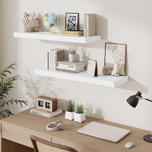 Fun Memories Floating Shelves Set of 3, 36 Inch Long Wooden Wall Shelves, 10 Inch Deep Wall Mounted Storage Shelf with Metal Brackets for Living Room, Bathroom, Bedroom and Kitchen, White