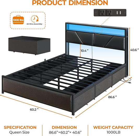 OURPIC Queen Bed Frame, 2-Tier Storage Headboard & 6 Fabric Drawers, PU Leather Upholstered Queen Size Platform Bed with Charging Station and LED Lights, No Box Spring Needed, Noise Free