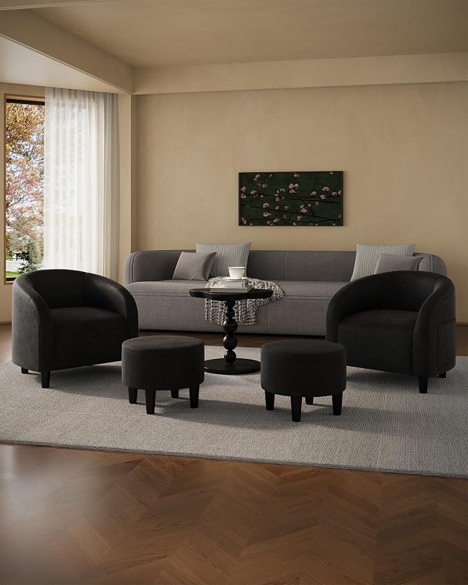 GarveeHome Accent Chair with Ottoman, Velvet Side Chairs for Living Room, Modern Armchair for Bedroom, Round Club Chair for Small Space, Black