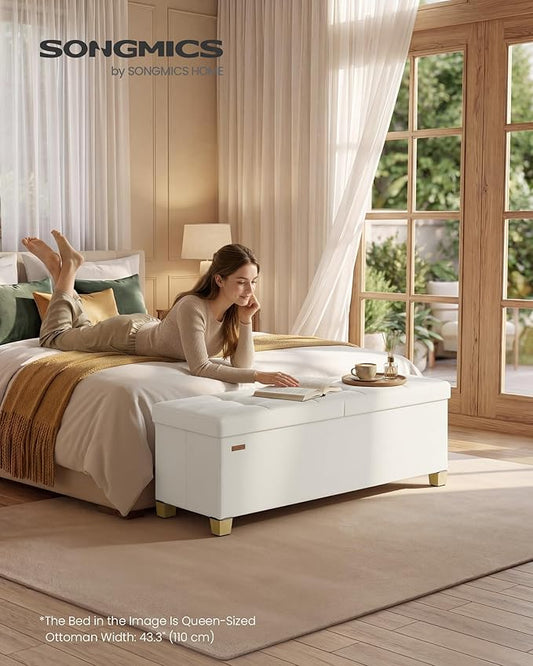 SONGMICS Storage Ottoman Bench with Legs, Folding Ottoman Foot Rest with Flipping Lid, Bench with Storage, for Living Room, Bedroom, Entryway, Velvet, 43.3 Inches, Cappuccino Beige ULSF083LH01