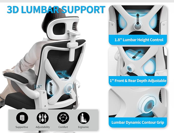 Ergonomic Office Chair - Mesh Desk Chair with Adjustable Lumbar Support High Back Computer Gaming Chairs - Big and Tall Office Chairs Adults, Comfortable for Long Hours, White Black
