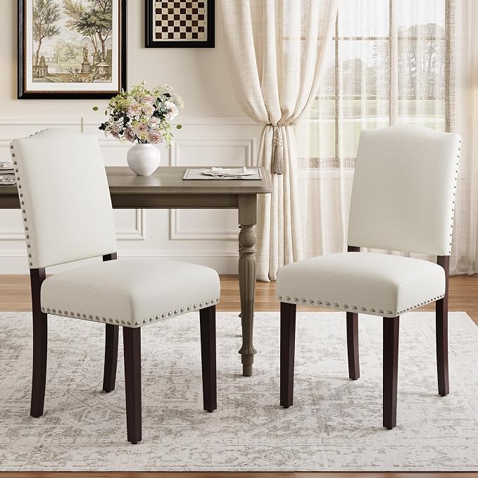 Upholstered Parsons Dining Chairs Set of 2, Modern Dining Room Chairs with Back, Fabric Kitchen Side Chairs with Wood Legs, Nailhead Trim for Dinner Farmhouse Restaurant, Beige
