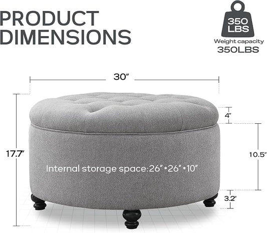 HUIMO 30-Inch Round Storage Ottoman, Modern Button Tufted Coffee Table with Removeable Top, Upholstered Ottoman with Storage Footrest Stool for Living Room, Bedroom and Office(Grey)