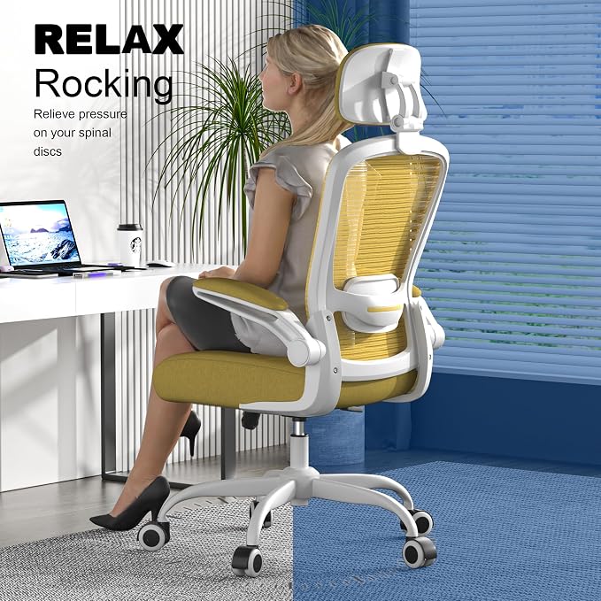 Mimoglad Office Chair, High Back Ergonomic Desk Chair with Adjustable Lumbar Support and Headrest, with flip-up Armrests for Guitar Playing, 5 Years Warranty (Modern, Golden Light)