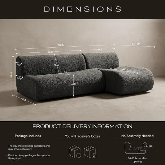 92" Curved Sectional Sofa with Chaise Set, Boneless 3-Seater Modular Couch, Reversible L-Shaped Couches with Deep Seat, Sherpa Sofas for Small Living Room, Bedroom, Apartment – No Assembly, Grey