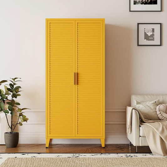 Yellow Metal Storage Cabinet, 4-Tier Tall Cabinet with Adjustable Shelves and Hanging Rod, Louvered Door Freestanding Lockers for Home, Living Room, Kitchen, Bedroom,garage 61" H X 27.6" W X 13.8" D