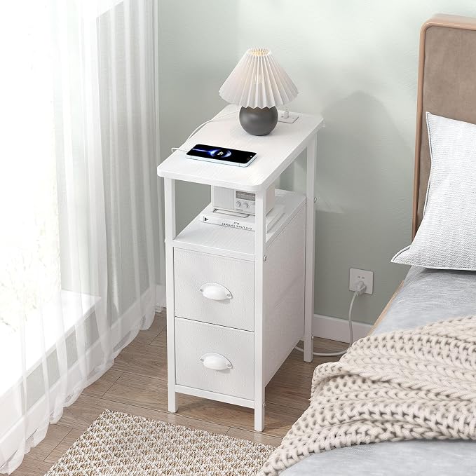 sthmec Narrow End Table with Charging Station, Narrow Side Table with 2 Fabric Drawers, Slim Nightstand, Skinny Bedside Table, Small Side Table for Small Spaces, Living Room, Bedroom, White