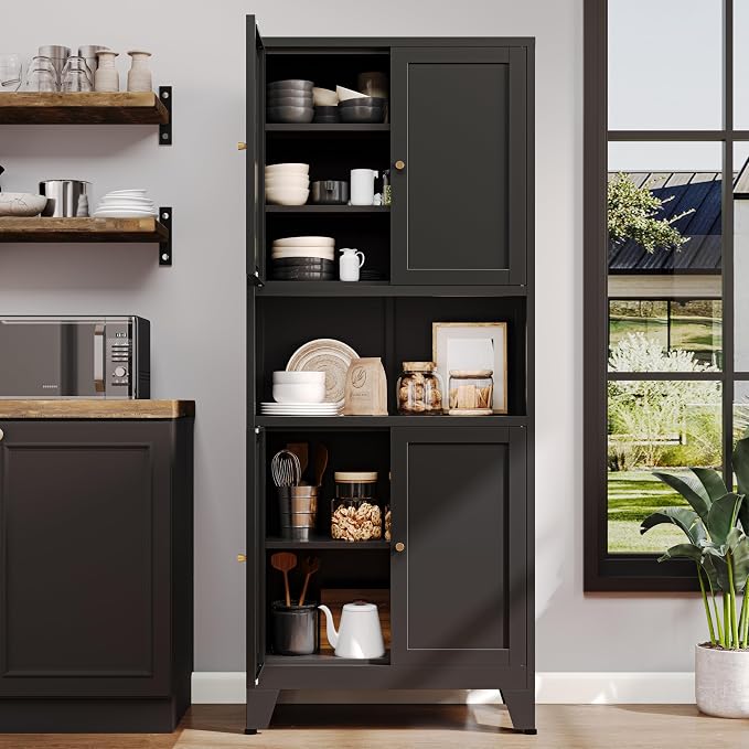 69" H Kitchen Pantry Cabinet with Countertop,Kitchen Hutch Cabinet with Storage,Black Metal Storage Cabinet,Microwave Cabinet,