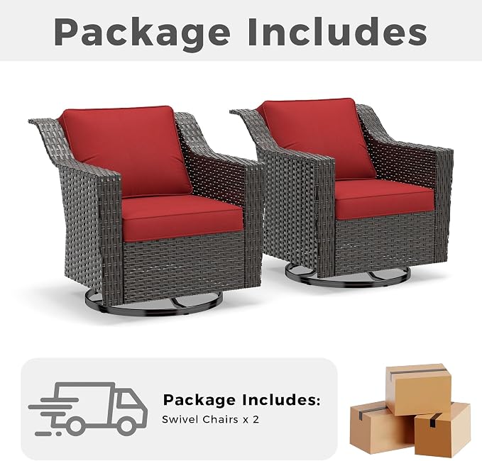 Patio 2 Pieces Wicker Swivel Chairs Set of 2,Outdoor PE Rattan Rocking Glider Armchairs, Water-Resistant Cushions with Removable and Washable Covers, Porch, Balcony, Sunroom (RED)