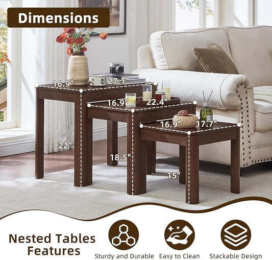 Joaxswe Farmhouse Nesting Tables Set of 3, Living Room Table Set with Rounded Corners & 4 Thickened Table Legs, Walnut