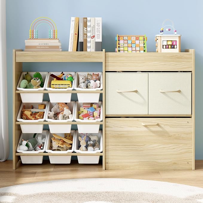 EXPERLAM Toy Storage Organizer for Kids, 9-Bin Toy Organizer with 2-Drawers, Movable Toy Chest and Top Rack, Multifunctional Kids Bookshelf and Toy Storage for Playroom, Bedroom, Nursery, White