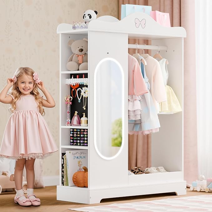 Xilingol Kids Armoire Dress Up Storage with Mirror, Kids Wardrobe Closet with Jewelry Cabinet and Storage Shelves, Open Hanging Armoire Costume Organizer for Bedroom (White)