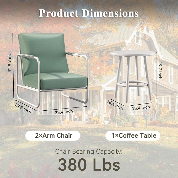 3 Pieces Aluminum Outdoor Patio Conversation Set, 6" Cushions & Coffee Table, All-Weather Rust-Resistant Frame for Porch Garden Backyard, White
