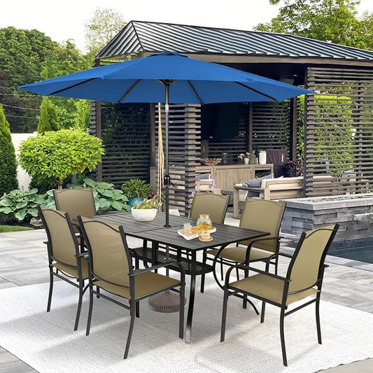 SUNCROWN 8 - Piece Outdoor Dining Set, Patio Furniture Set with 6 Textilene Dinning Chairs, 1 Rectangle Metal Table and 1 Dark Blue 9Ft Patio Umbrella for Lawn Garden Backyard Deck, Brown