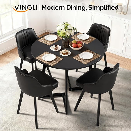 VINGLI Round Dining Table for 2-4, 35in Modern Dining Room Table with Cross Leg, Black Wooden Kitchen Table, Space-Saving, Small Space Circle Dinette for Home, Kitchen, Apartment