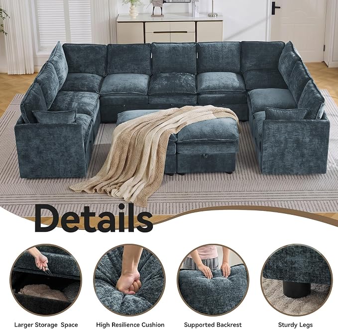 130" Blue Oversized Modular Storage Sofa, U Shaped Chenille Cloud Couch | Oversized Convertible Sectional Sofa, 9-Seat Sectional Couch With 2 Ottomans, Large Cloud Couch For Living Room, Apartment.