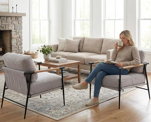 DUOMAY Mid-Century Modern Accent Chair Armchair Set of 2, Soft Linen Fabric Sofa Lounge Chair Reading Chair with Metal Leg for Living Room Bedroom Office, Grey