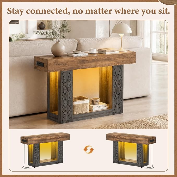 Unikito 47" Console Table with Outlets & LED Lights, Farmhouse Entryway Table with Unique Geometric Pattern, Sofa Table Behind Couch with 2-Tier Storage for Living Room, Hallway, Foyer, Grey & Brown