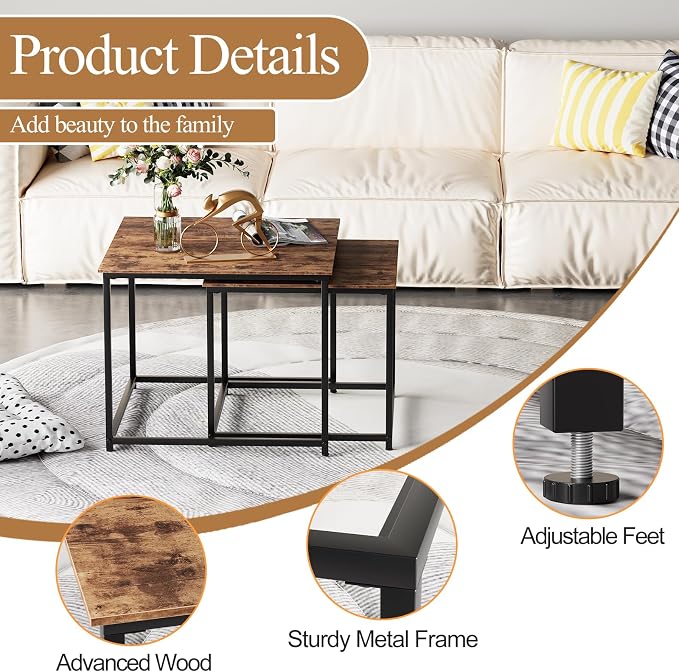 Garden 4 you Coffee Table Set of 2, Modern Engineered Wood Nesting Table, Metal Frame Square Center Table Set, Side Tables, Nesting Coffee Table for Living Room, Bedroom and Small Spaces, 23.6in Brown